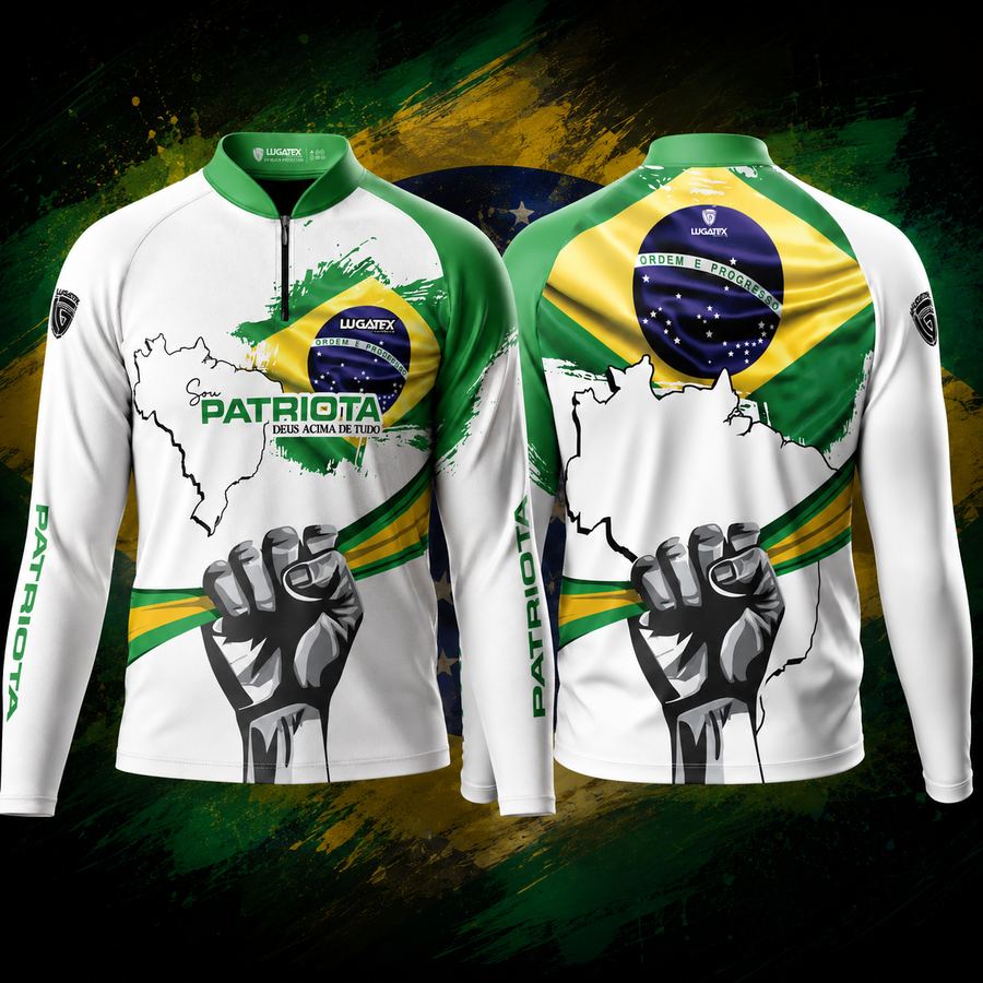 Camisa Sou Patriota — Deus Acima de Tudo, frente e verso